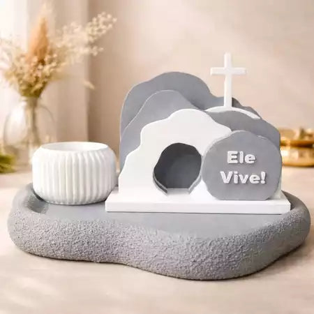 Decoração Cristã Ele Vive com Suporte para Vela | Ressurreição de Cristo