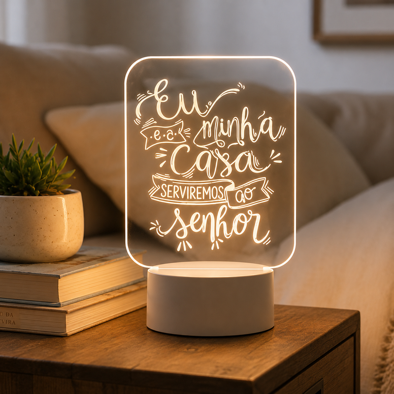 Luminária LED 3D Cristã Eu e Minha Casa Serviremos ao Senhor