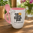 Caneca Café com Deus Pai com Colher | Caneca Cristã Rosa