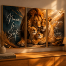 Kit 3 Quadros Leão Motivação Família e Fé 122x60