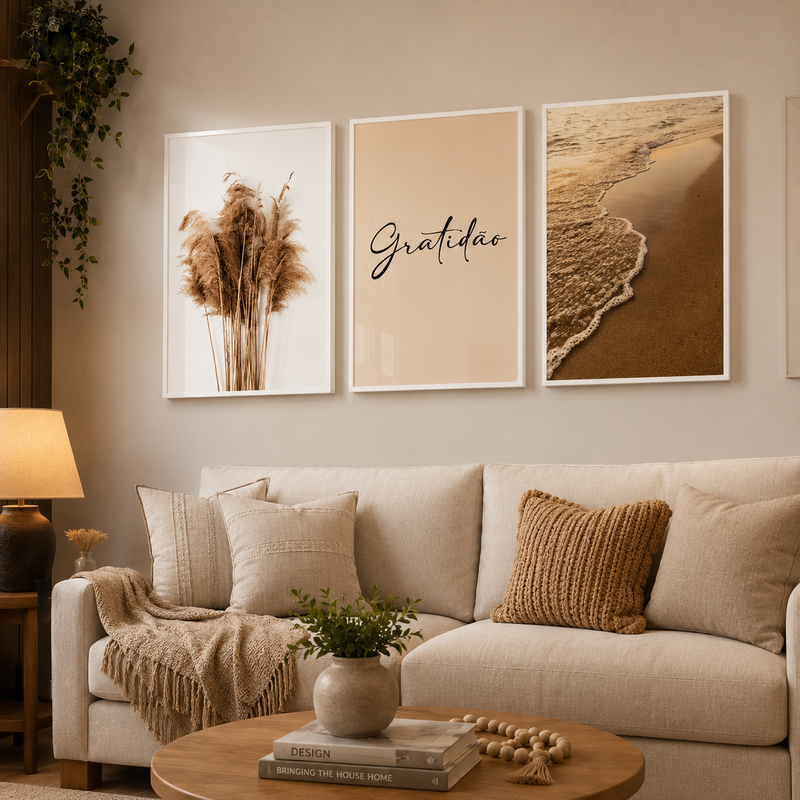 Trio de Quadros Gratidão Praia com Moldura e Vidro 140x63