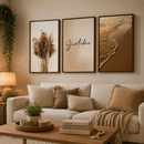 Trio de Quadros Gratidão Praia com Moldura e Vidro 140x63