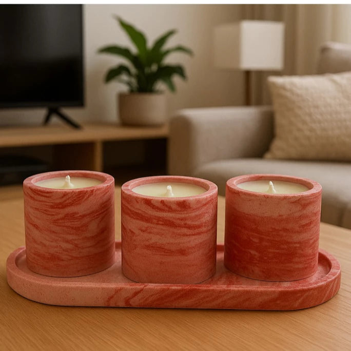 Kit Velas Aromáticas Artesanais com Bandeja Marmorizada Vermelha