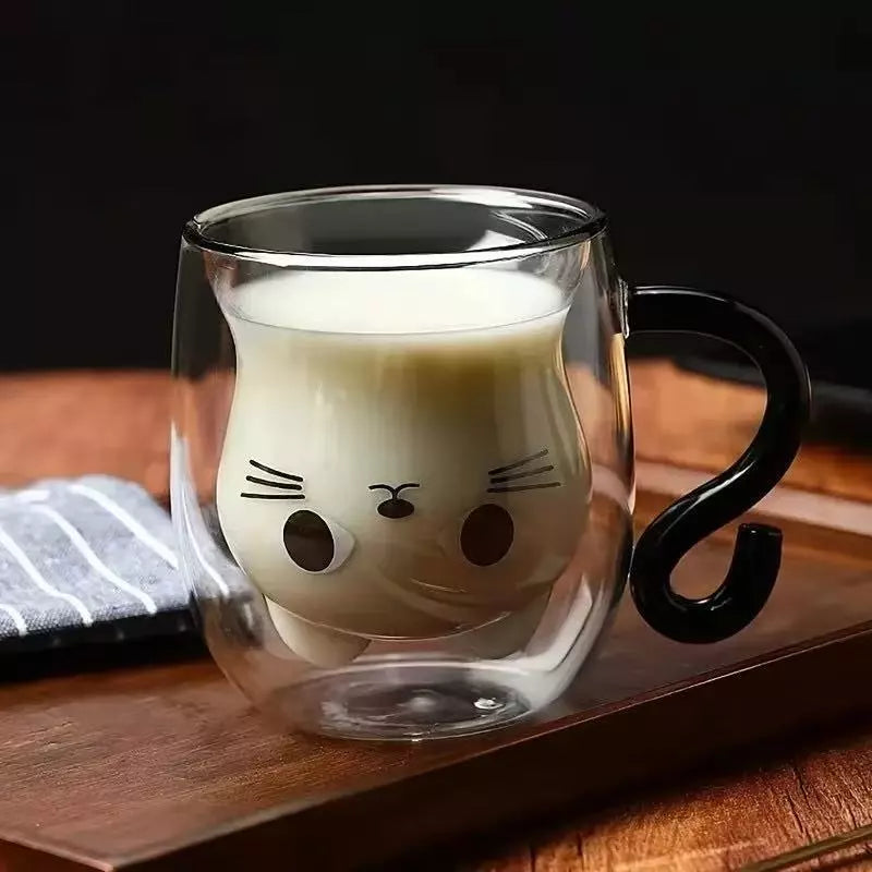 Caneca de Vidro Duplo Gatinho 250ml | Caneca Fofa e Criativa